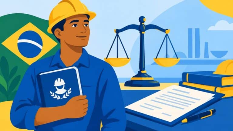 Guia completo de direitos trabalhistas: trabalhador com guia e balança da justiça