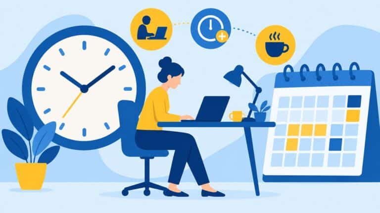 Guia de jornada de trabalho: relógio, calendário e trabalhadora no computador