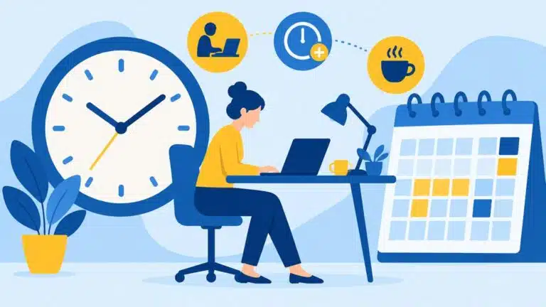Guia de jornada de trabalho: relógio, calendário e trabalhadora no computador