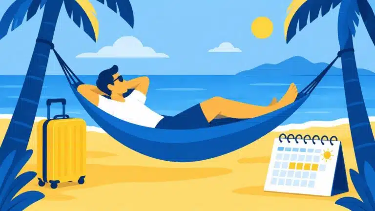 Guia de férias e licenças: trabalhador descansando na rede com mala e calendário
