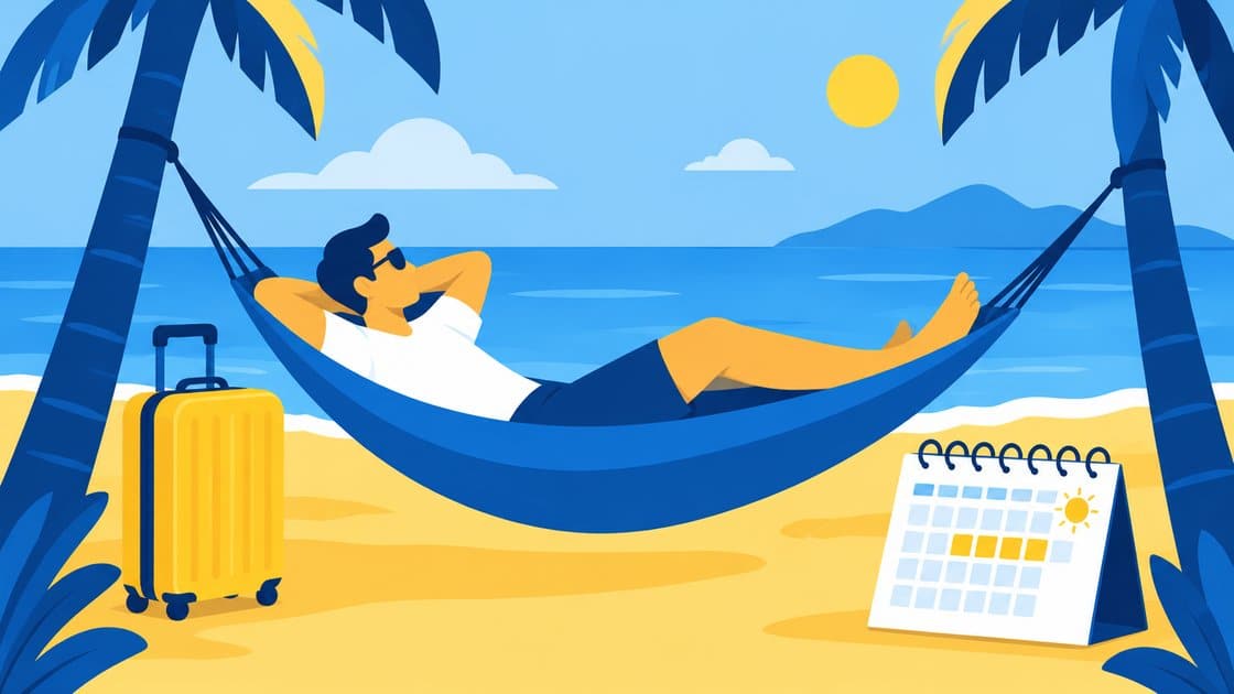 Guia de férias e licenças: trabalhador descansando na rede com mala e calendário