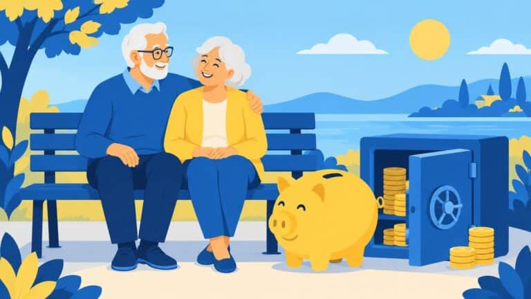 Guia de FGTS e aposentadoria: casal de aposentados com cofrinho e cofre