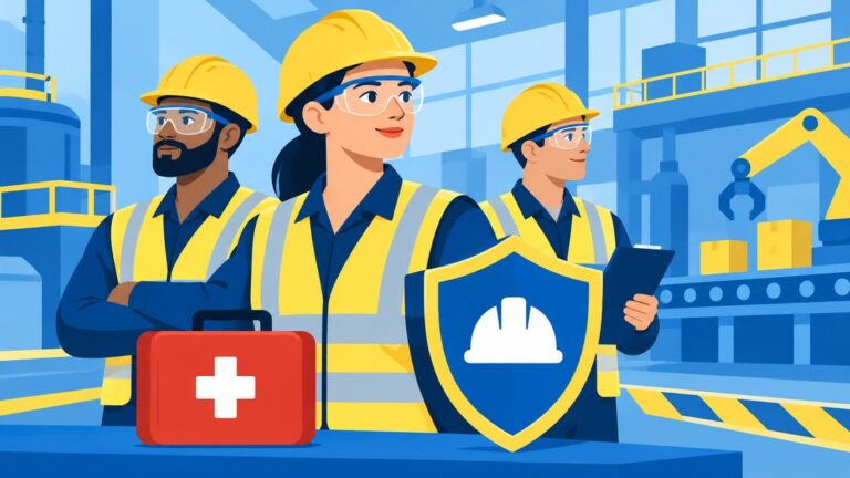Guia de saúde e segurança no trabalho: trabalhadores com capacete, colete e kit de primeiros socorros