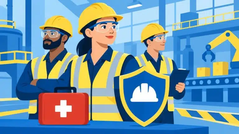 Guia de saúde e segurança no trabalho: trabalhadores com capacete, colete e kit de primeiros socorros